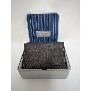 Fossil Mens Black Pebbled Leather Small Bifold Card Holder Wallet Snap ID Pocket